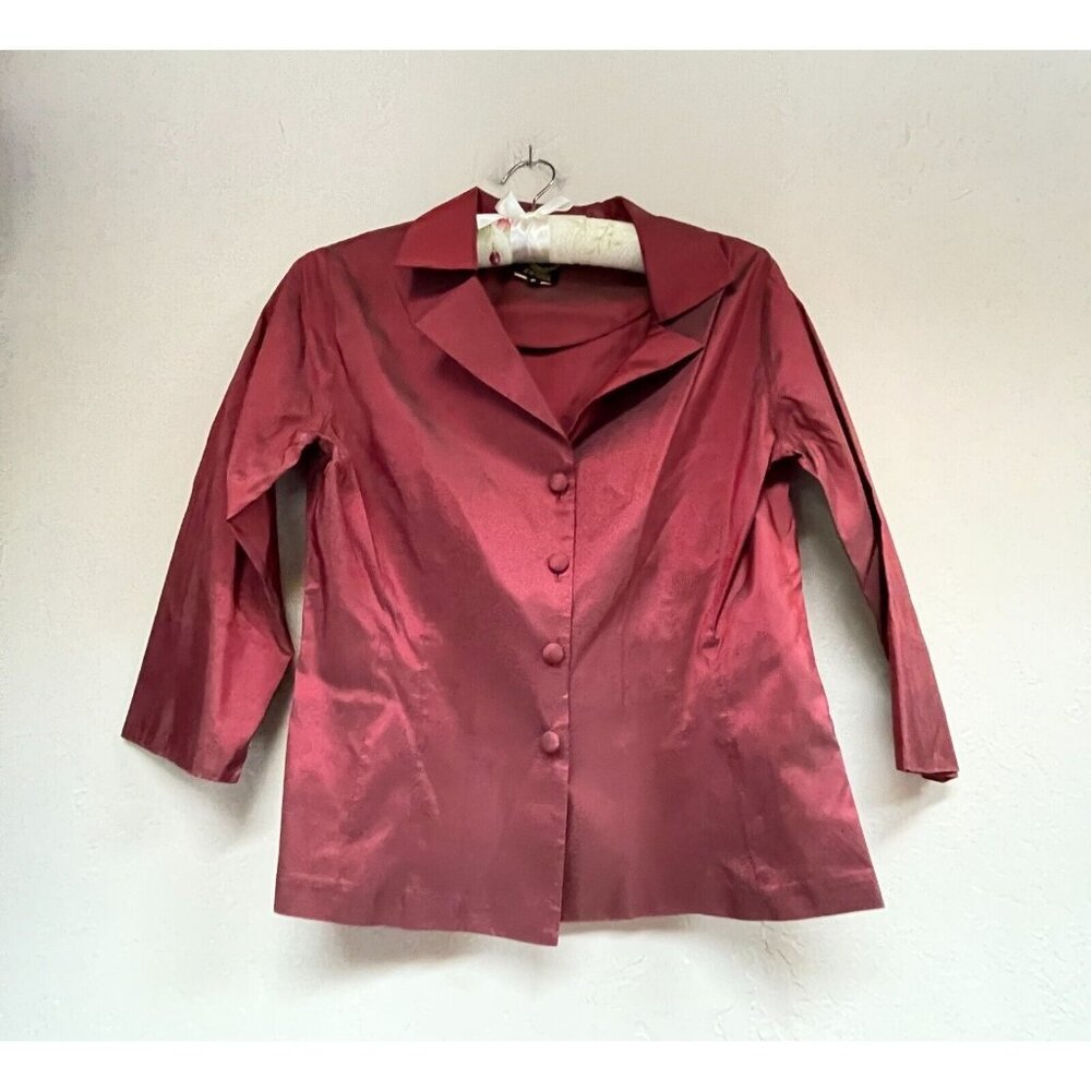 Vintage Gigi Clark Womens Button Down Silk 3/4 Sleeve Blouse Top Size 2 Red